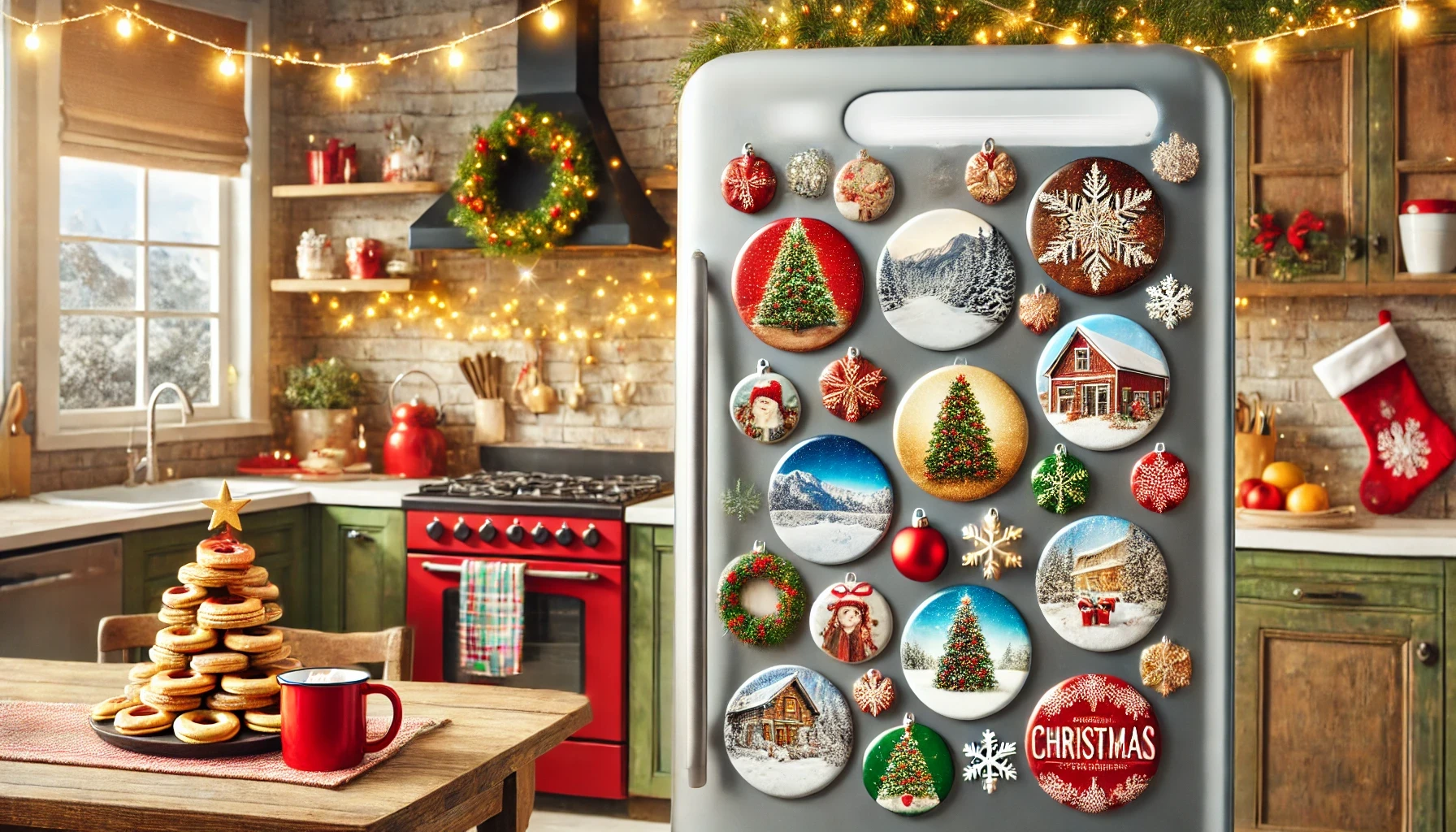 Réfrigérateur décoré de magnets de Noël personnalisés aux couleurs rouge, vert et doré, avec photos de famille et illustrations festives, entouré de guirlandes lumineuses dans une cuisine chaleureuse